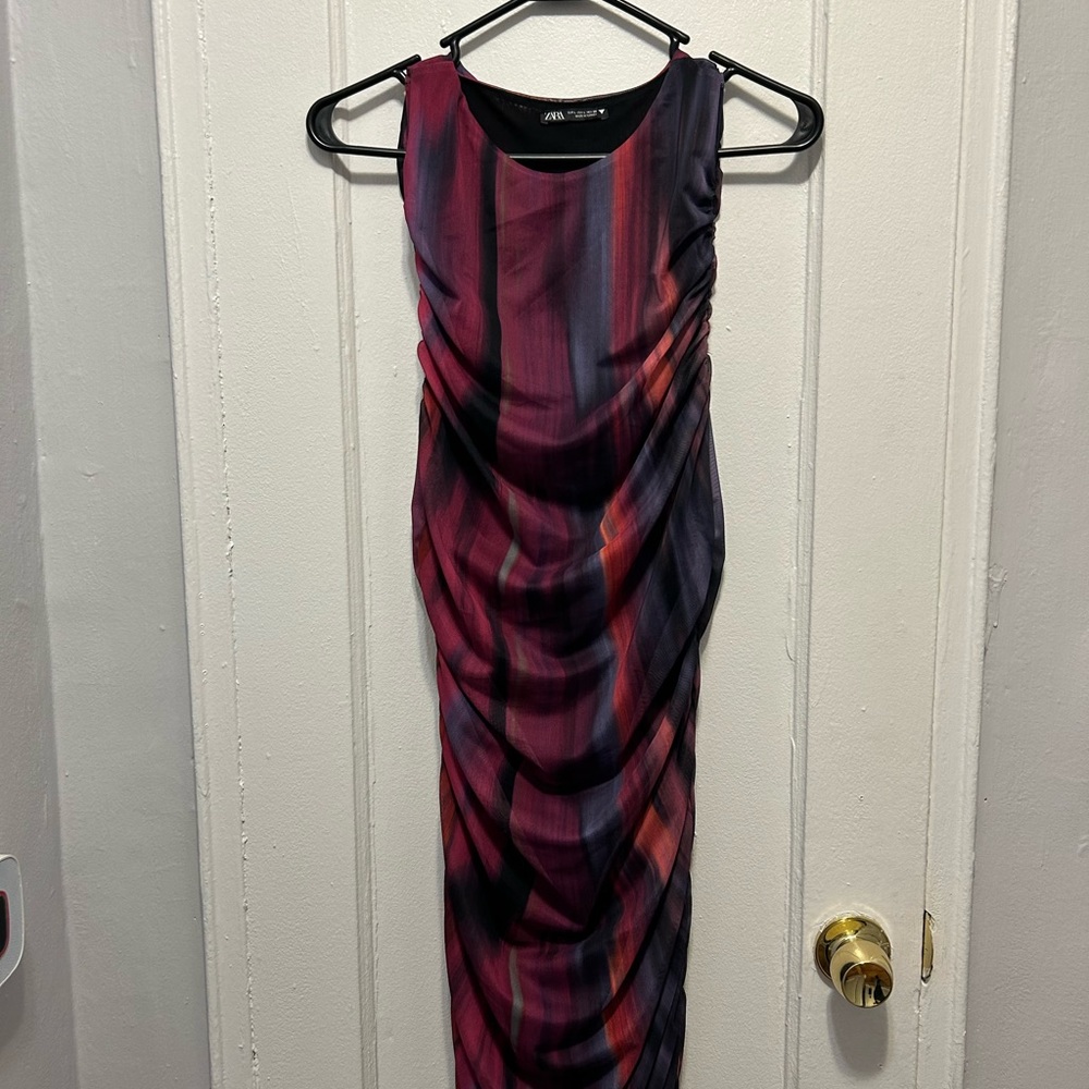 Printed ruched tulle dress